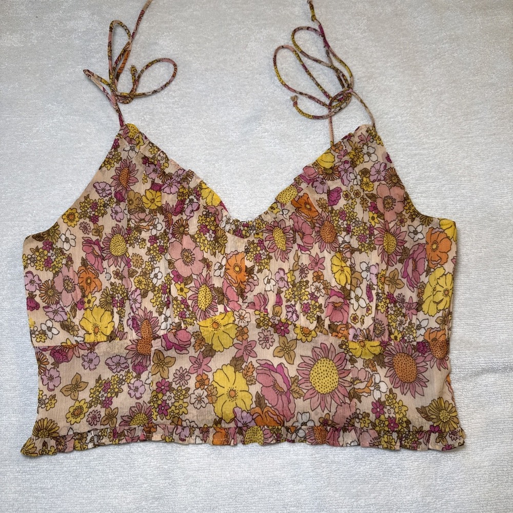 Patrons of Peace Floral Cami Top M Boho Tie Strap Ruffle Y2K 70s Crop Cottage
